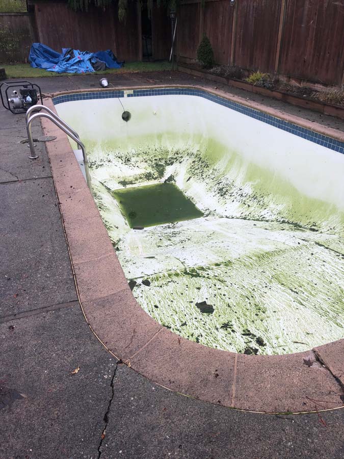 A residential swimming pool mid-demolition, broken concrete exposed